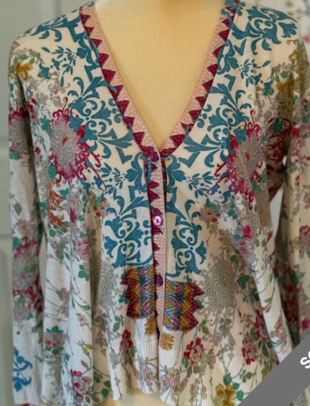 Johnny Was Button-Front Swing Cardigan Cotton Romantic Florals Womens Boho XS